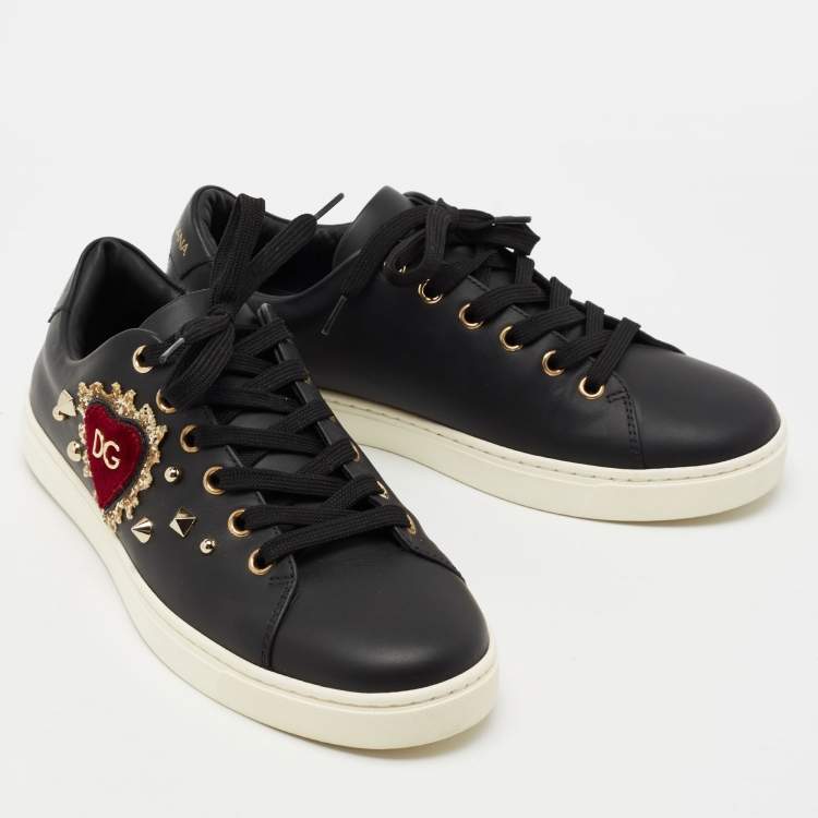 Pre Owned Dolce & Gabbana Black Leather DG Heart Low-Top Sneakers Size 38