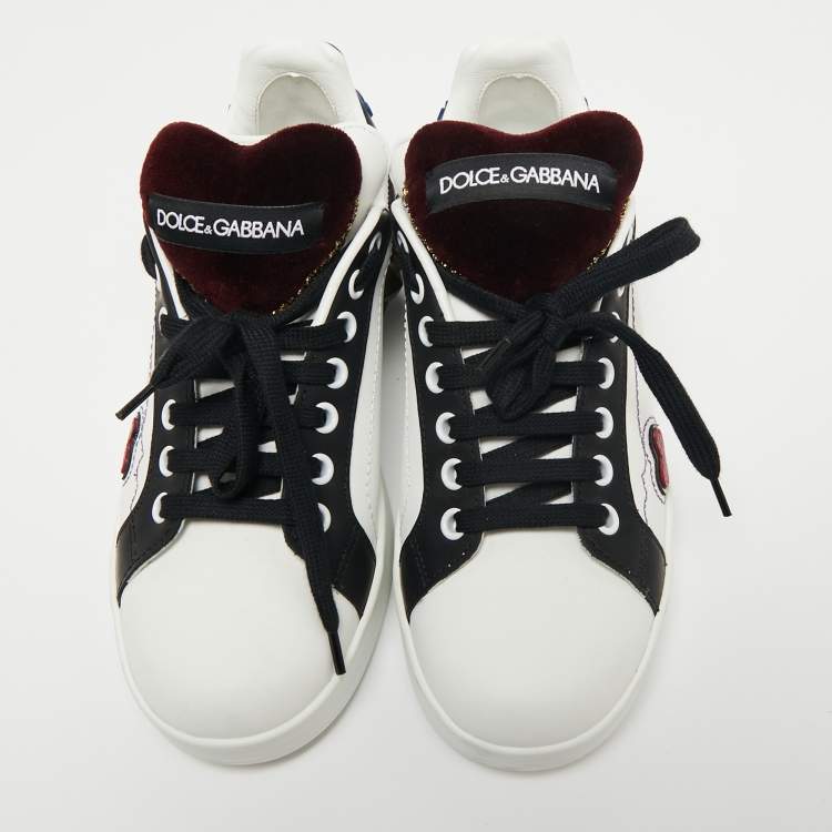 Pre Owned Dolce & Gabbana White Leather Heart And Stud Embellished Portofino Sneakers Size 36