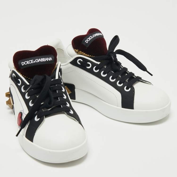Pre Owned Dolce & Gabbana White Leather Heart And Stud Embellished Portofino Sneakers Size 36