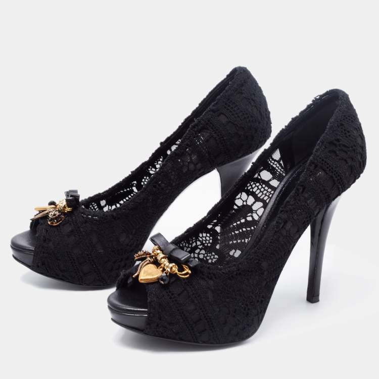 Pre Owned Dolce & Gabbana Black Lace Embellished Peep Toe Pumps Size 38