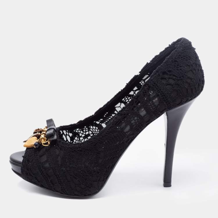 Pre Owned Dolce & Gabbana Black Lace Embellished Peep Toe Pumps Size 38