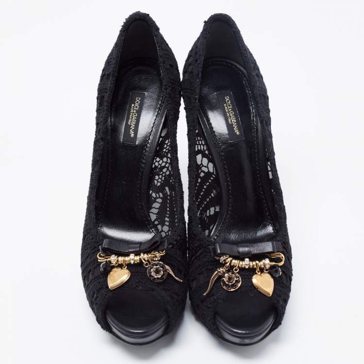 Pre Owned Dolce & Gabbana Black Lace Embellished Peep Toe Pumps Size 38