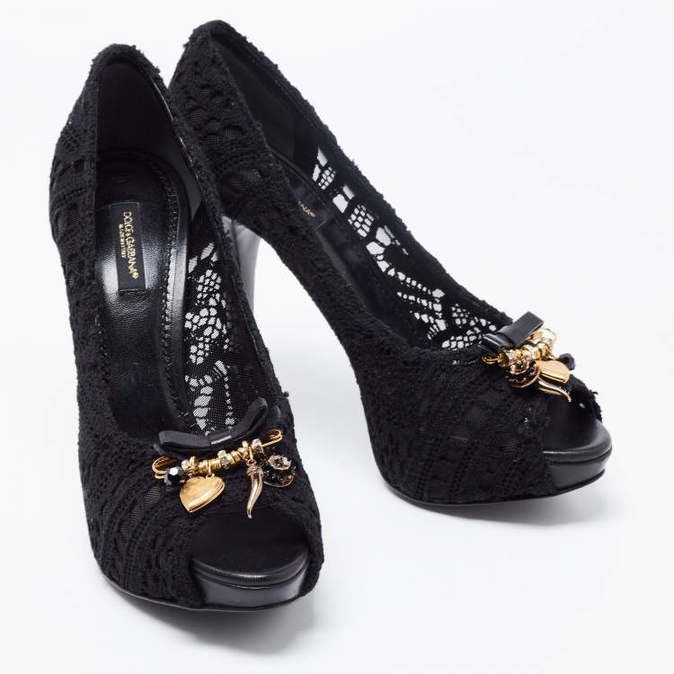 Pre Owned Dolce & Gabbana Black Lace Embellished Peep Toe Pumps Size 38