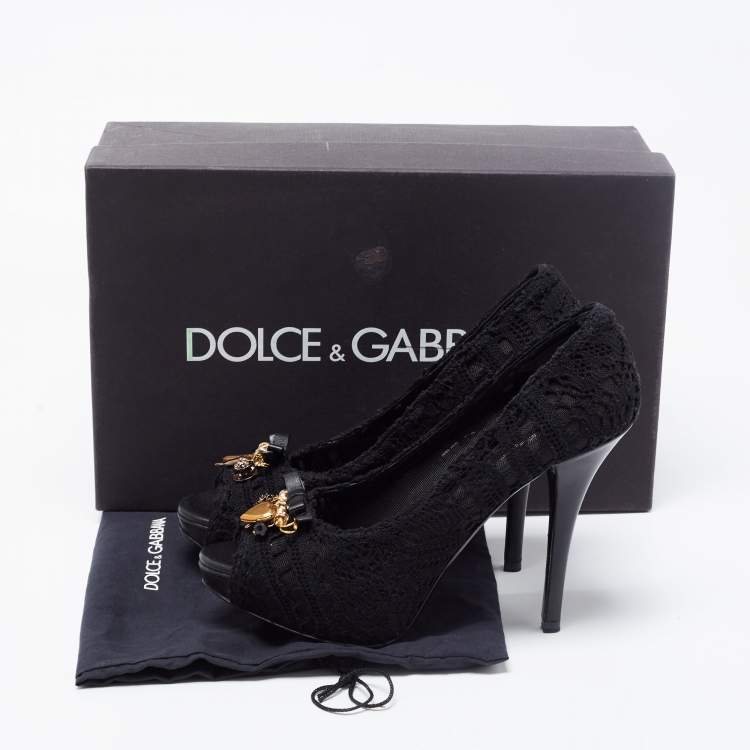 Pre Owned Dolce & Gabbana Black Lace Embellished Peep Toe Pumps Size 38