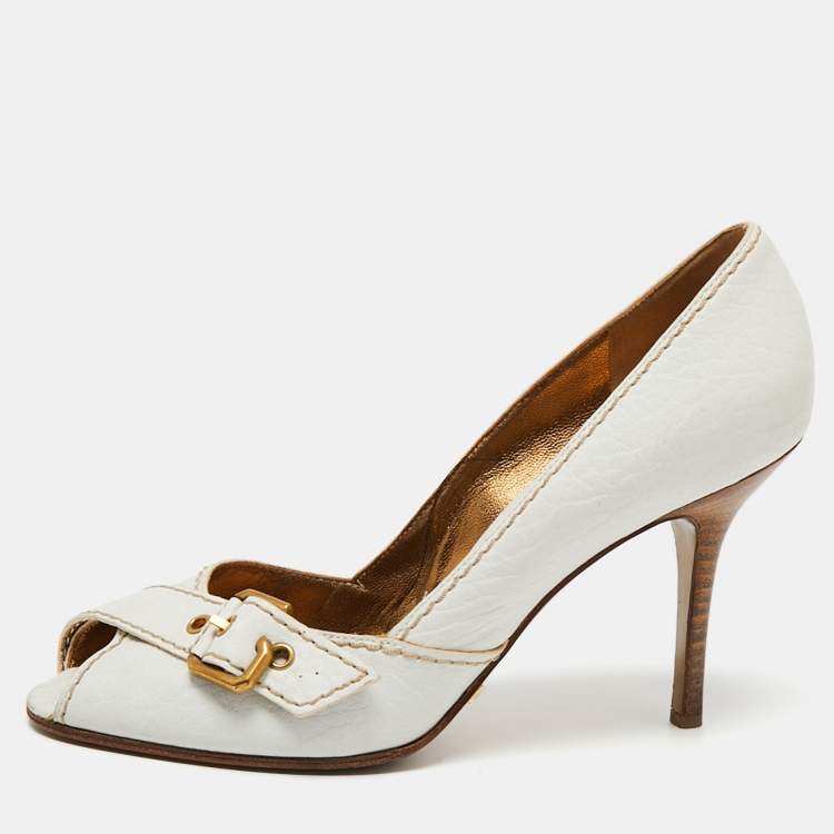 Pre Owned Dolce & Gabbana White Leather Buckle Detail Peep Toe Pumps Size 37