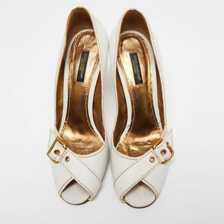 Pre Owned Dolce & Gabbana White Leather Buckle Detail Peep Toe Pumps Size 37