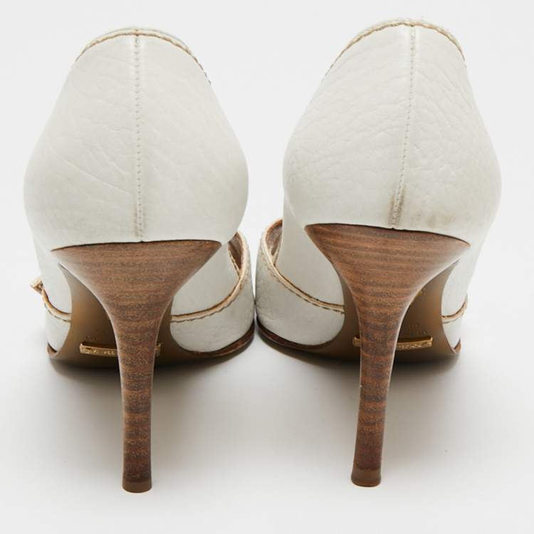 Pre Owned Dolce & Gabbana White Leather Buckle Detail Peep Toe Pumps Size 37