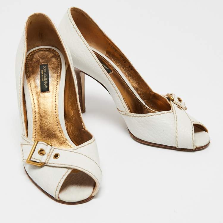 Pre Owned Dolce & Gabbana White Leather Buckle Detail Peep Toe Pumps Size 37