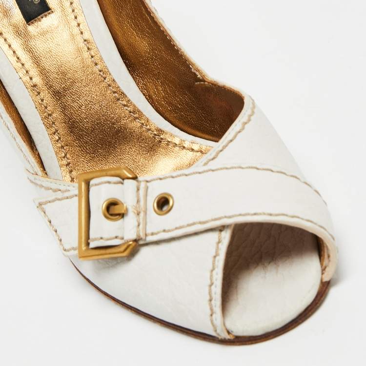 Pre Owned Dolce & Gabbana White Leather Buckle Detail Peep Toe Pumps Size 37