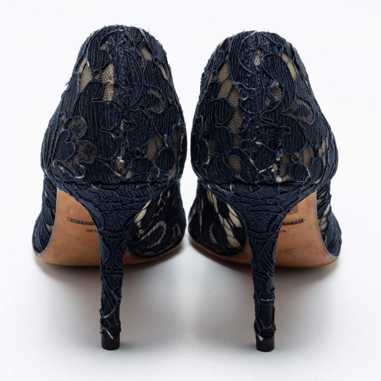 Pre Owned Dolce & Gabbana Navy Blue Lace And Mesh Taormina Crystal Embellished Pointed Toe Pumps Size 38.5