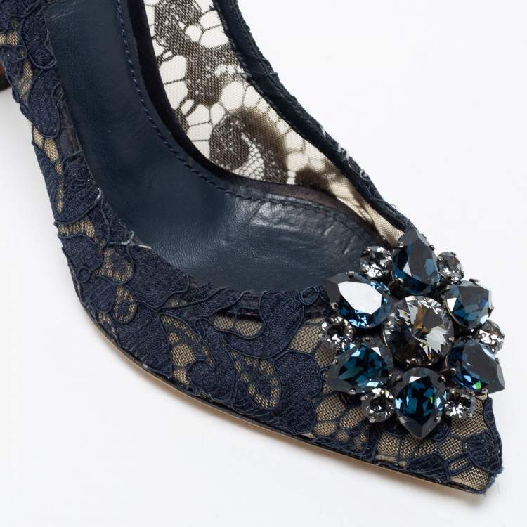 Pre Owned Dolce & Gabbana Navy Blue Lace And Mesh Taormina Crystal Embellished Pointed Toe Pumps Size 38.5