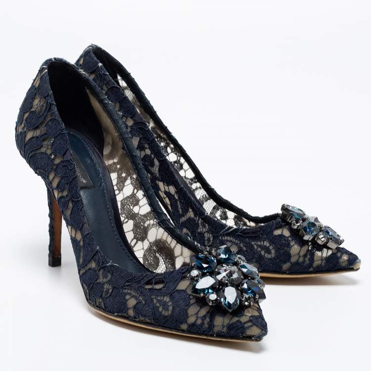 Pre Owned Dolce & Gabbana Navy Blue Lace And Mesh Taormina Crystal Embellished Pointed Toe Pumps Size 38.5