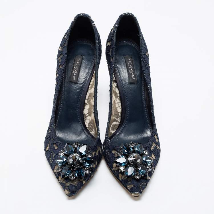 Pre Owned Dolce & Gabbana Navy Blue Lace And Mesh Taormina Crystal Embellished Pointed Toe Pumps Size 38.5