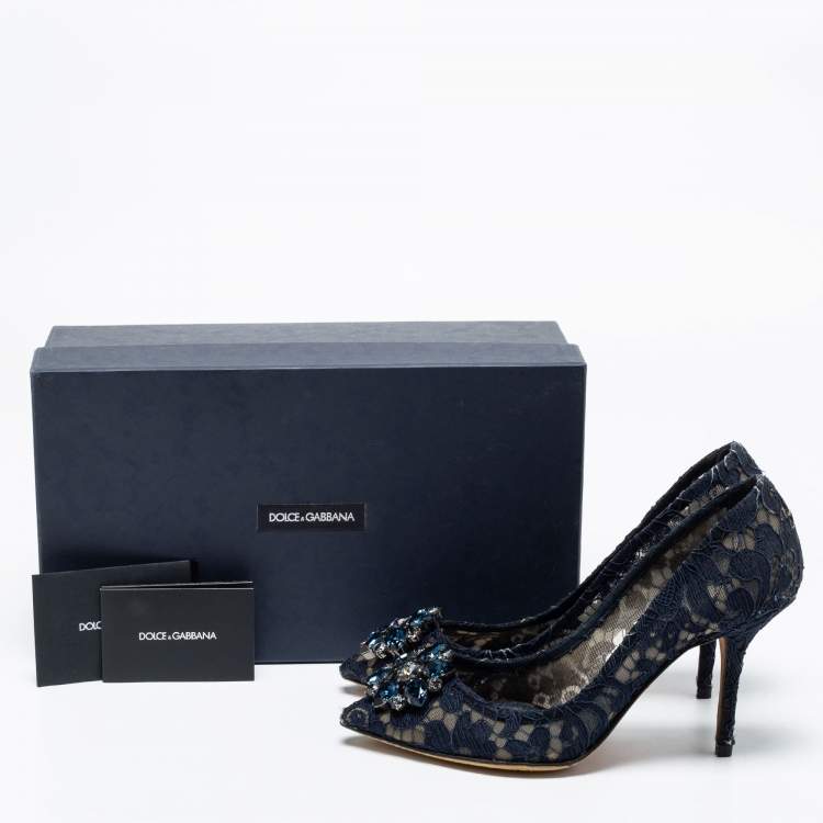 Pre Owned Dolce & Gabbana Navy Blue Lace And Mesh Taormina Crystal Embellished Pointed Toe Pumps Size 38.5