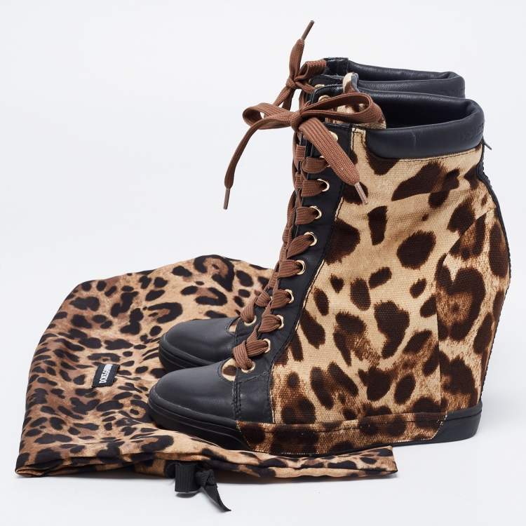 Pre Owned Dolce & Gabbana Black/Brown leopard Leather And Canvas Wedges Sneakers  Size 38