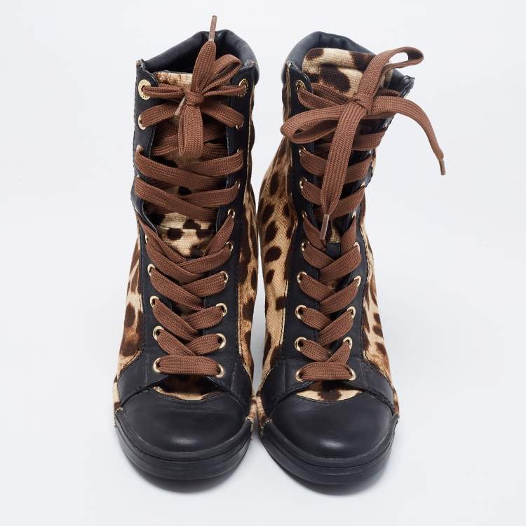 Pre Owned Dolce & Gabbana Black/Brown leopard Leather And Canvas Wedges Sneakers  Size 38