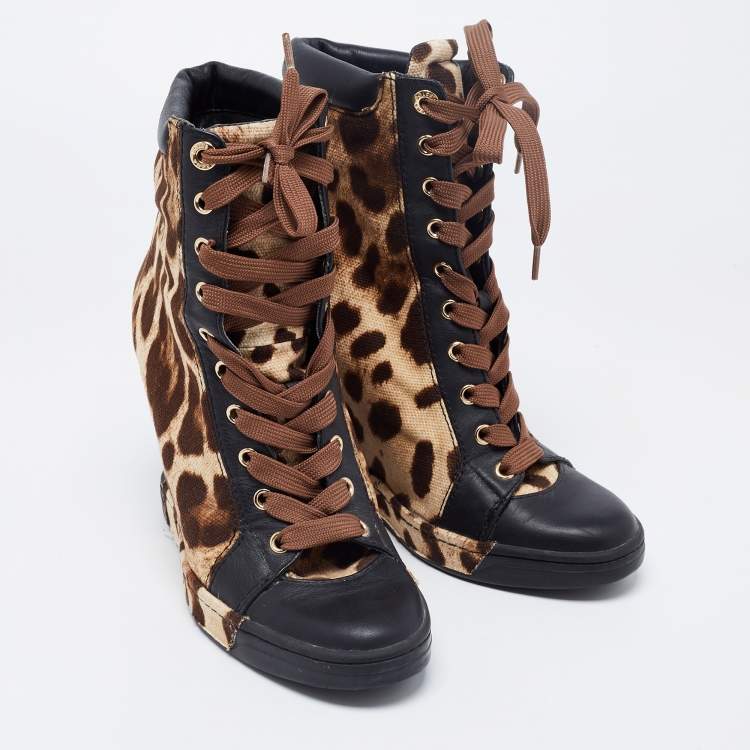 Pre Owned Dolce & Gabbana Black/Brown leopard Leather And Canvas Wedges Sneakers  Size 38