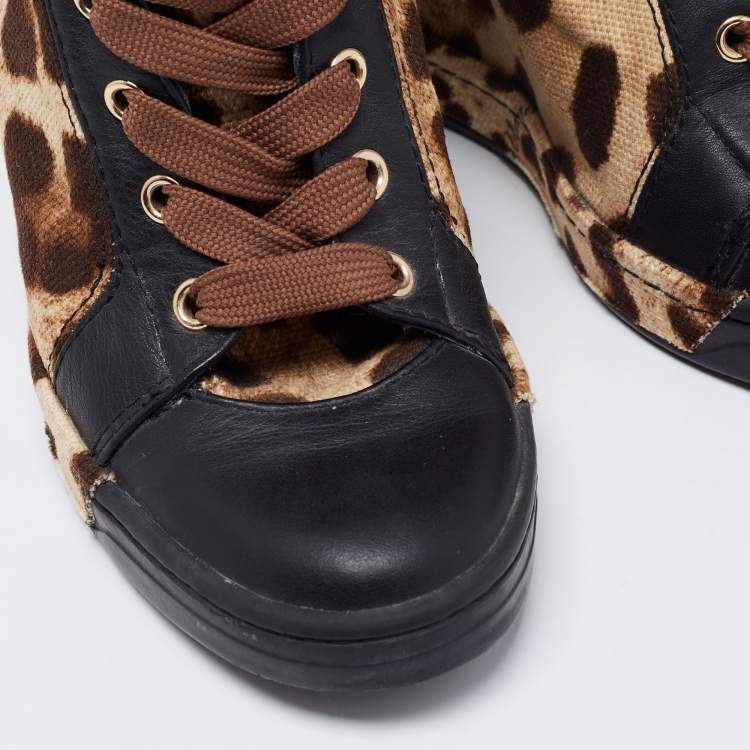 Pre Owned Dolce & Gabbana Black/Brown leopard Leather And Canvas Wedges Sneakers  Size 38