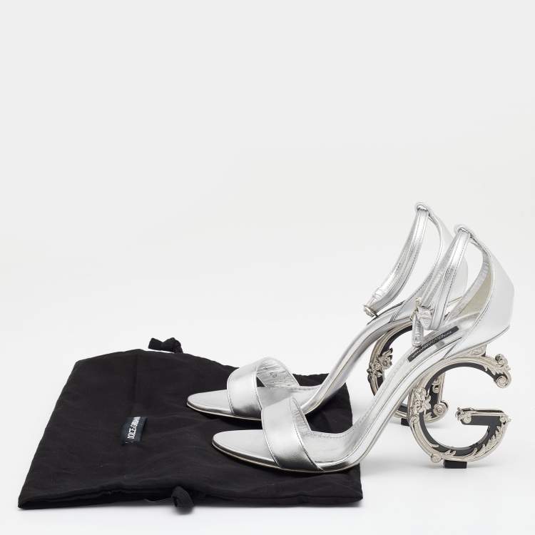 Pre Owned Dolce & Gabbana Silver Leather Keira Baroque DG Heel Ankle Strap Sandals Size 40