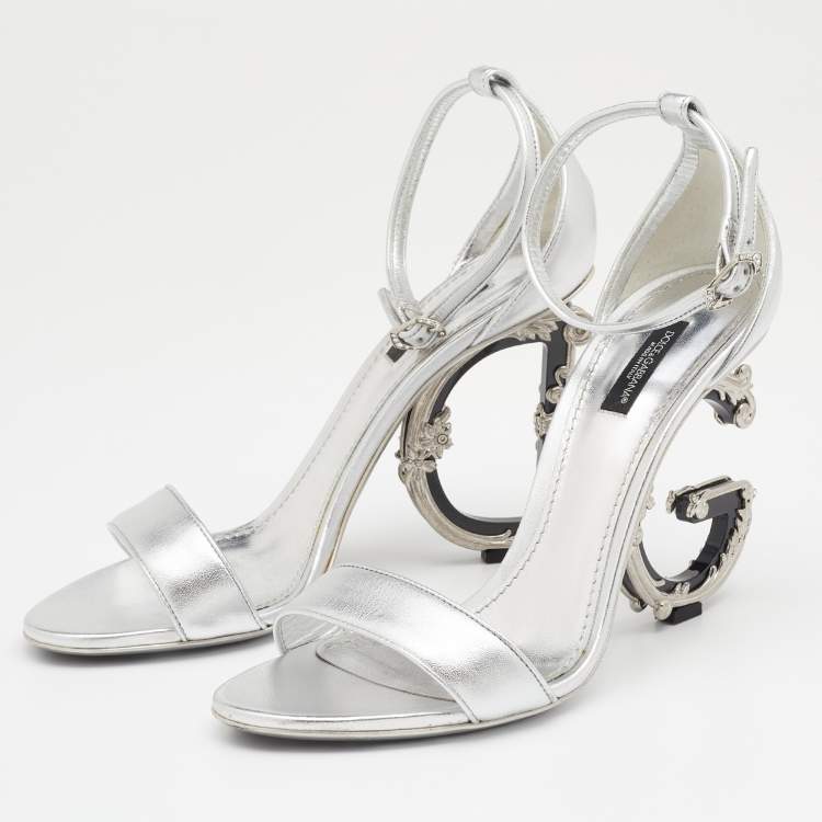 Dolce & Gabbana Silver Leather Keira Baroque DG Heel Ankle Strap