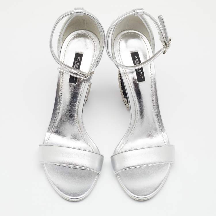 Pre Owned Dolce & Gabbana Silver Leather Keira Baroque DG Heel Ankle Strap Sandals Size 40