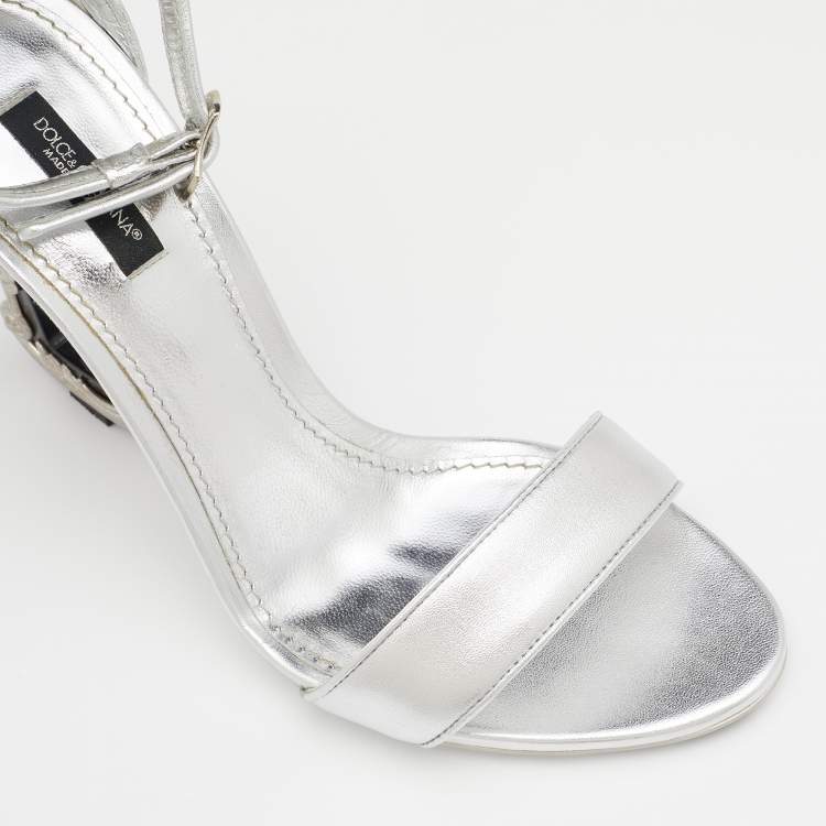 Pre Owned Dolce & Gabbana Silver Leather Keira Baroque DG Heel Ankle Strap Sandals Size 40