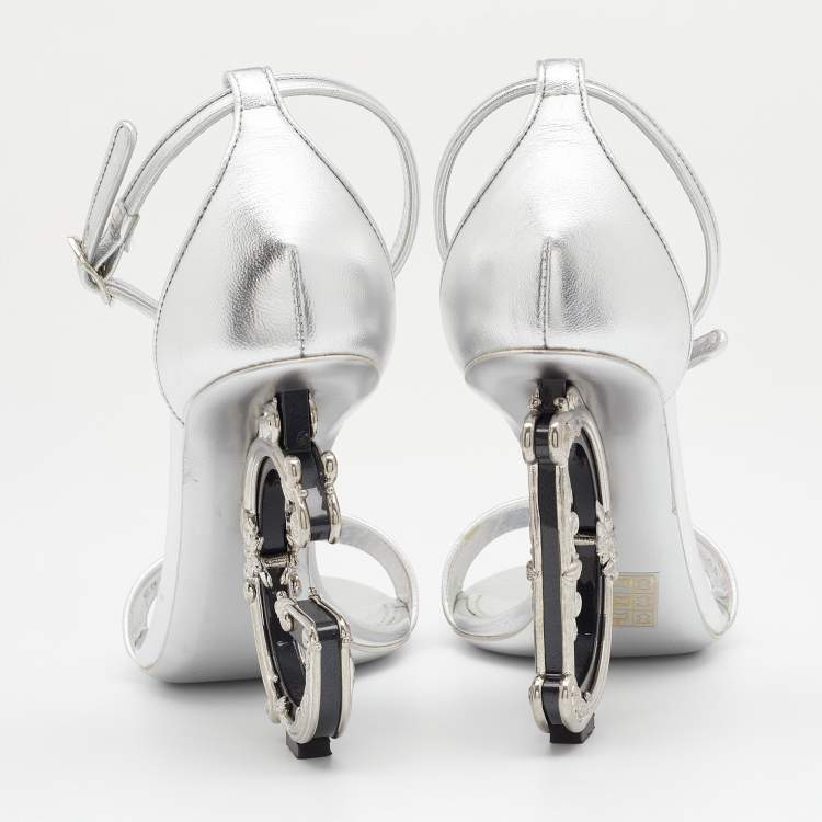 Pre Owned Dolce & Gabbana Silver Leather Keira Baroque DG Heel Ankle Strap Sandals Size 40
