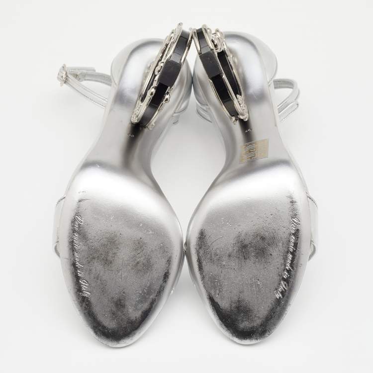 Pre Owned Dolce & Gabbana Silver Leather Keira Baroque DG Heel Ankle Strap Sandals Size 40