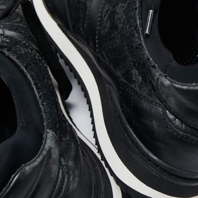 Pre Owned Dolce & Gabbana Black Leather And Lace Sneakers Size 38