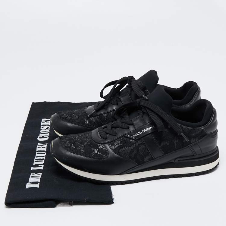 Pre Owned Dolce & Gabbana Black Leather And Lace Sneakers Size 38
