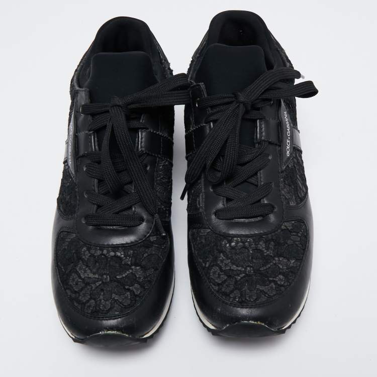 Pre Owned Dolce & Gabbana Black Leather And Lace Sneakers Size 38