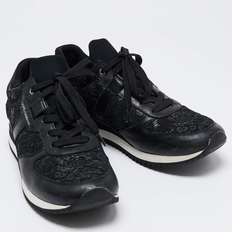 Pre Owned Dolce & Gabbana Black Leather And Lace Sneakers Size 38
