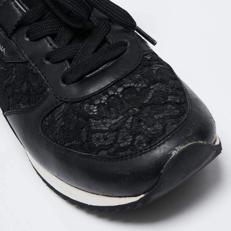 Pre Owned Dolce & Gabbana Black Leather And Lace Sneakers Size 38