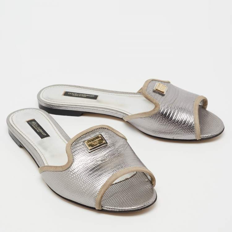 Pre Owned Dolce & Gabbana Silver Lizard Embossed Leather Flat Slides Size 36.5