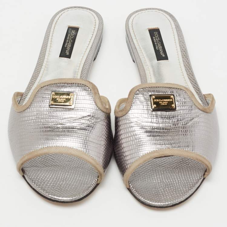 Pre Owned Dolce & Gabbana Silver Lizard Embossed Leather Flat Slides Size 36.5