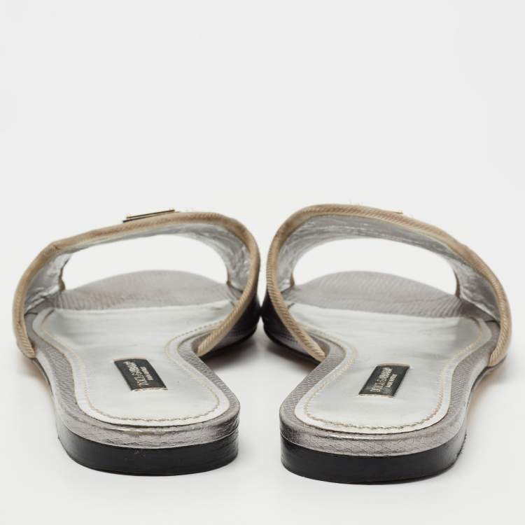 Pre Owned Dolce & Gabbana Silver Lizard Embossed Leather Flat Slides Size 36.5