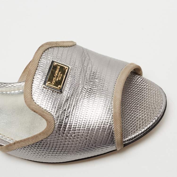 Pre Owned Dolce & Gabbana Silver Lizard Embossed Leather Flat Slides Size 36.5
