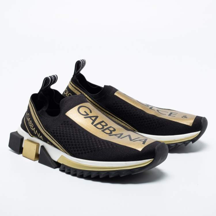 Pre Owned Dolce & Gabbana Black Knit Fabric Sorrento Logo Slip-On Sneakers Size 39