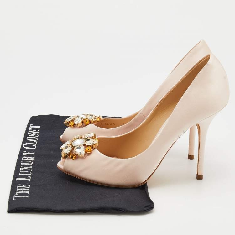 Pre Owned Dolce & Gabbana Light Pink Satin Crystal Embellished Peep Toe Pumps Size 39