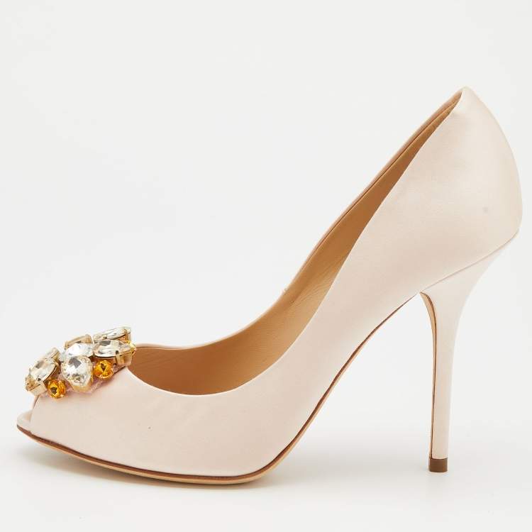Pre Owned Dolce & Gabbana Light Pink Satin Crystal Embellished Peep Toe Pumps Size 39