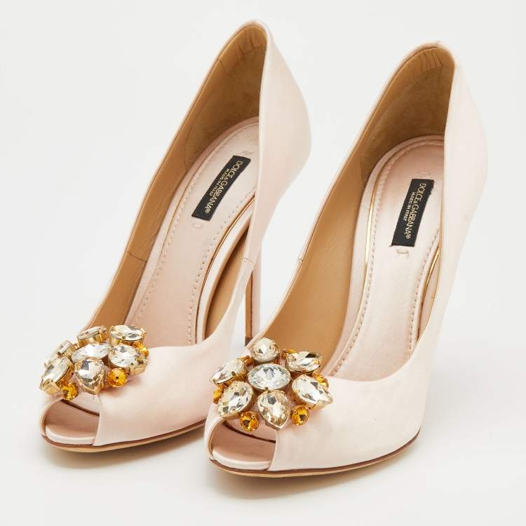 Pre Owned Dolce & Gabbana Light Pink Satin Crystal Embellished Peep Toe Pumps Size 39