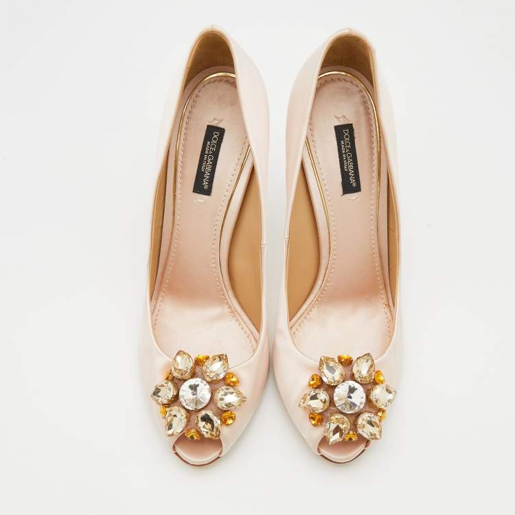 Pre Owned Dolce & Gabbana Light Pink Satin Crystal Embellished Peep Toe Pumps Size 39