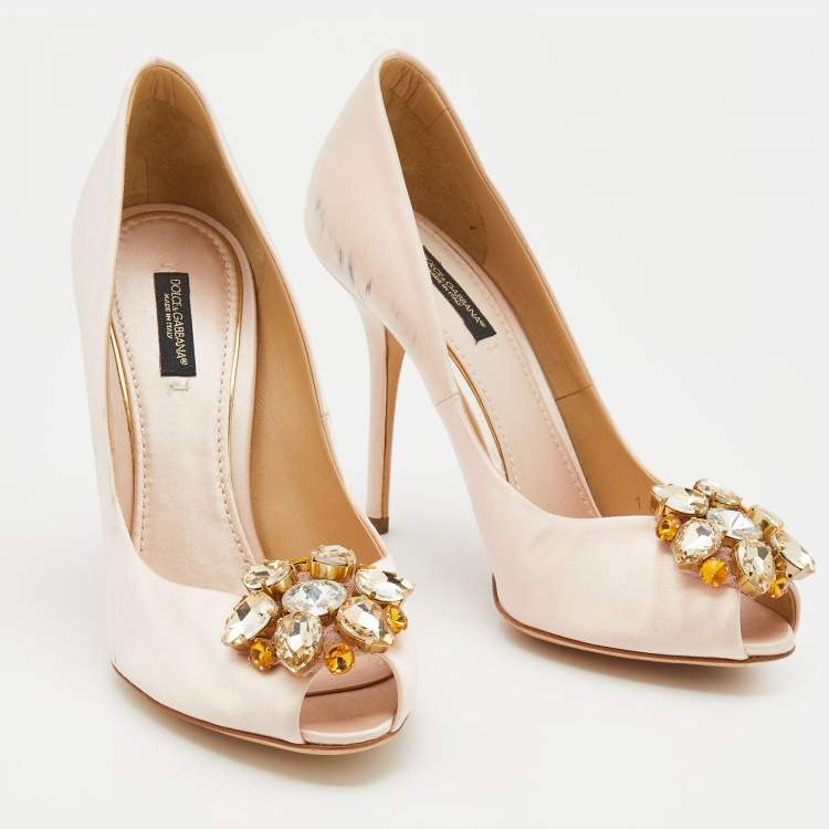 Pre Owned Dolce & Gabbana Light Pink Satin Crystal Embellished Peep Toe Pumps Size 39