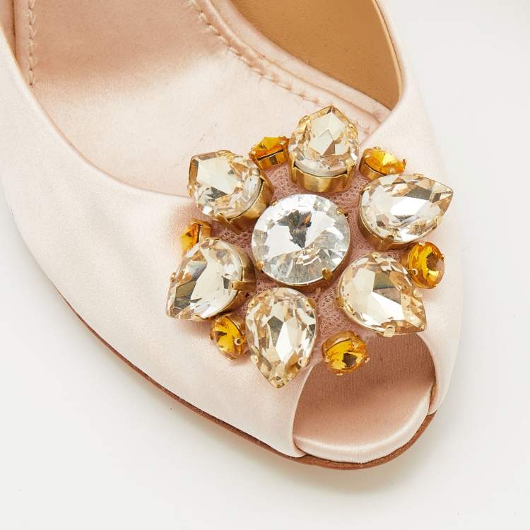 Pre Owned Dolce & Gabbana Light Pink Satin Crystal Embellished Peep Toe Pumps Size 39