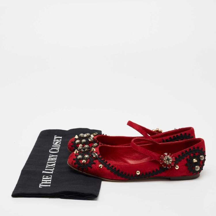 Pre Owned Dolce & Gabbana Red Jacquard Fabric Embellished Mary Jane Ballet Flats Size 35