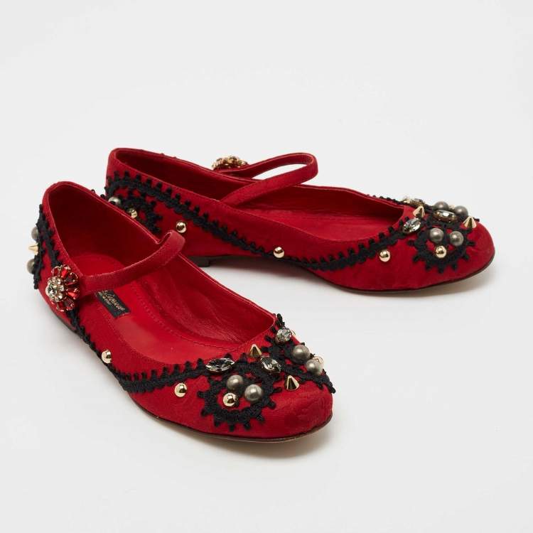 Pre Owned Dolce & Gabbana Red Jacquard Fabric Embellished Mary Jane Ballet Flats Size 35