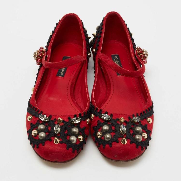 Pre Owned Dolce & Gabbana Red Jacquard Fabric Embellished Mary Jane Ballet Flats Size 35