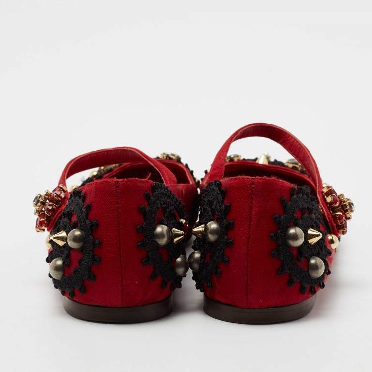 Pre Owned Dolce & Gabbana Red Jacquard Fabric Embellished Mary Jane Ballet Flats Size 35