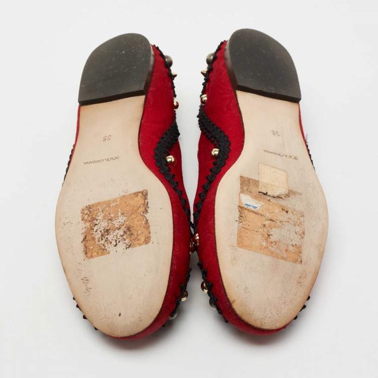 Pre Owned Dolce & Gabbana Red Jacquard Fabric Embellished Mary Jane Ballet Flats Size 35