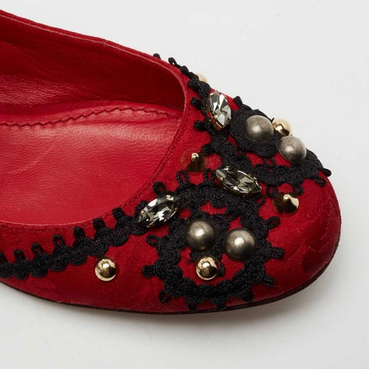 Pre Owned Dolce & Gabbana Red Jacquard Fabric Embellished Mary Jane Ballet Flats Size 35